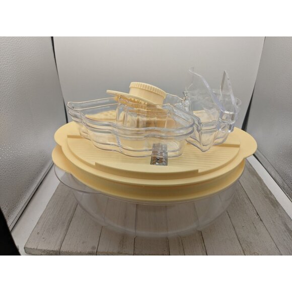 Vintage Manual Food Processor With Bowl Tongs Plate Kidney Servers Beige Clear - Picture 4 of 8